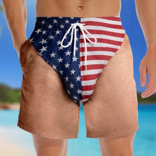 "Freedom & Chill" Funny Illusion Patriotic Men's Swim Trunks