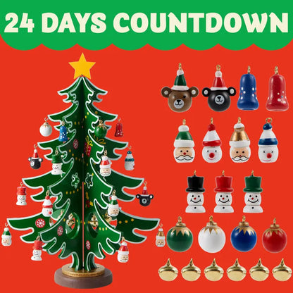 2026 Christmas Advent Calendar - Mini Wooden Christmas Tree Set with 30 Ornaments