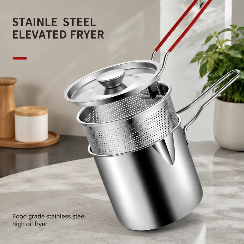 🍟 Personal Mini Deep Fryer Set – Stainless Steel Pot with Lift-Out Basket & Food Tongs