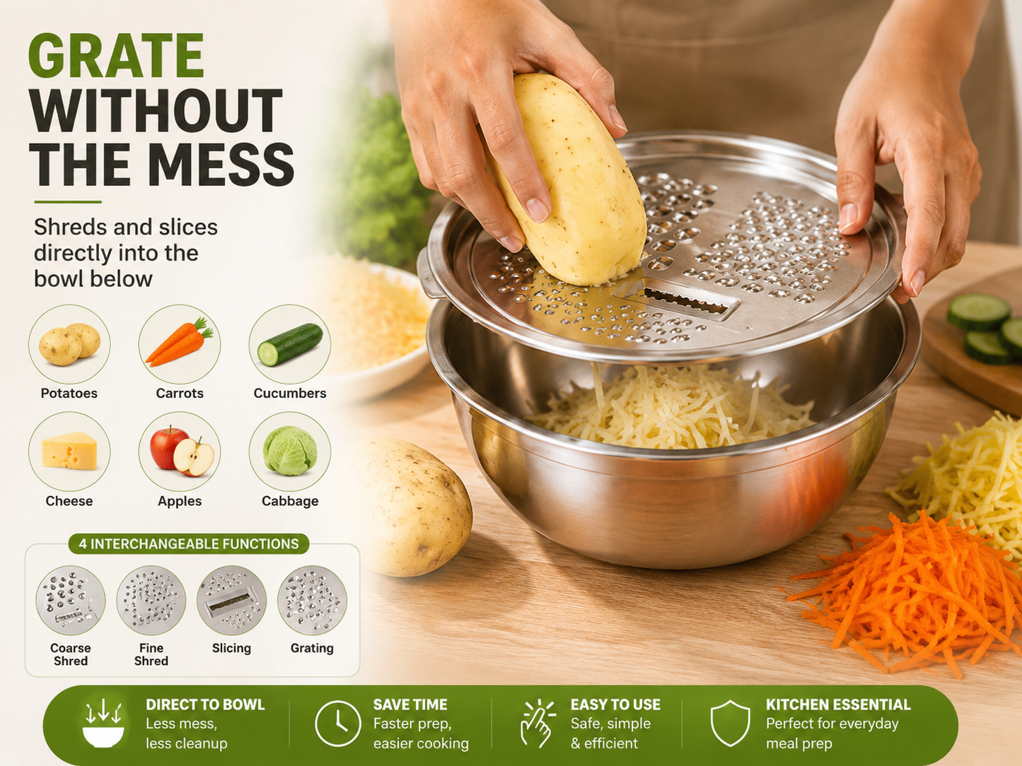 🎁3-in-1 Stainless Steel Grater Bowl & Colander Set