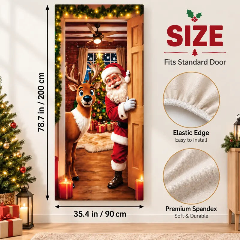 Christmas Door Cover - Santa & Reindeer Stretch Fabric Door Banner with 4-Side Elastic Edges