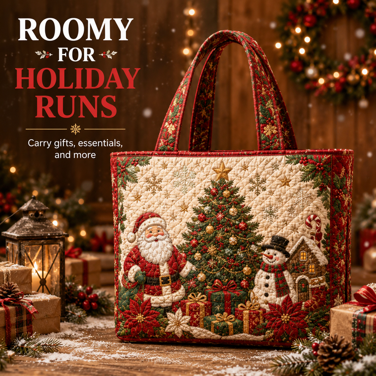 🎄 Quilted Christmas Shoulder Tote Bag – Festive Holiday Shopping Bag 🎁