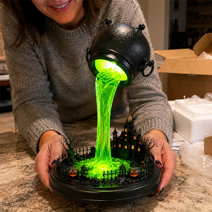 🧙‍♀️Spilling Green Witch Cauldron Desk Lamp | Floating Magic Potion Ambient Light with Miniature Gothic Castle & Glowing Pumpkins (10")