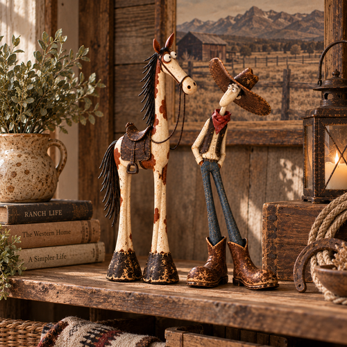 Whimsical Western Cowboy & Horse Figurine Duo 🐴🤠