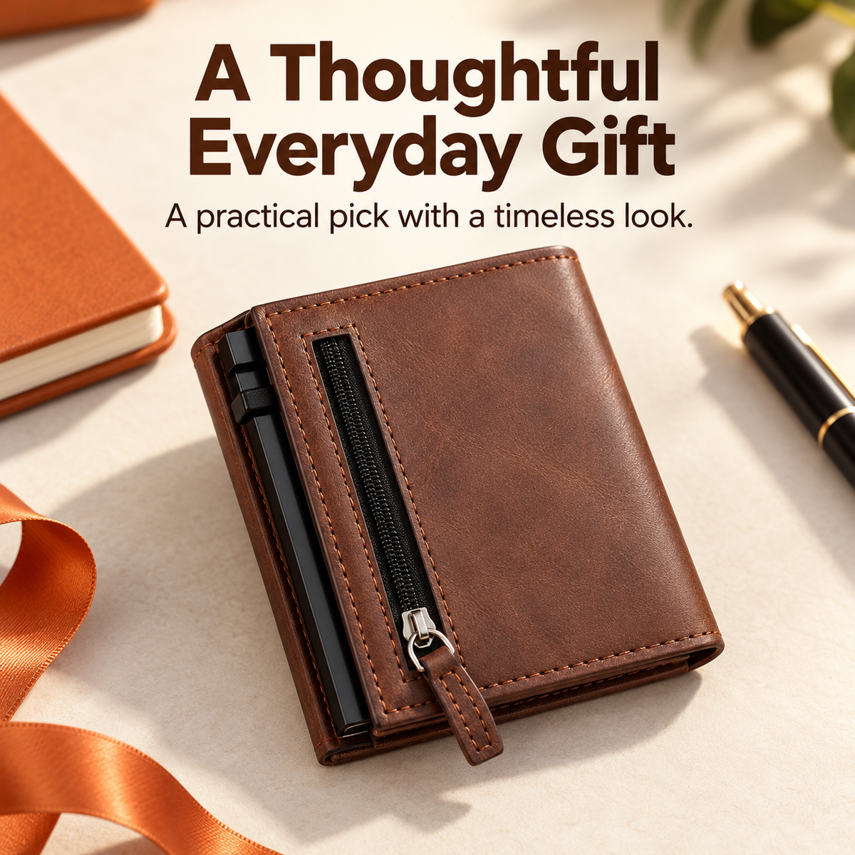 Brown compact wallet arranged as an everyday gift