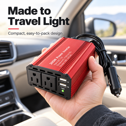 ⚡300W Car Power Inverter | DC 12V to 110V AC Converter | 2 AC Outlets & 2 USB‑A Ports, Aluminum Housing with Cooling Fan for Road Trip & Camping