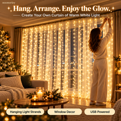 🎄 Christmas Curtain Lights – Warm White LED Window Lights with Remote Control