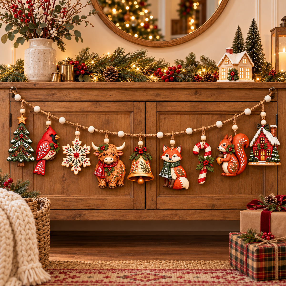 Enchanted Woodland Christmas Garland – Rustic Wooden Highland Cow & Forest Animal Hanging Decorations