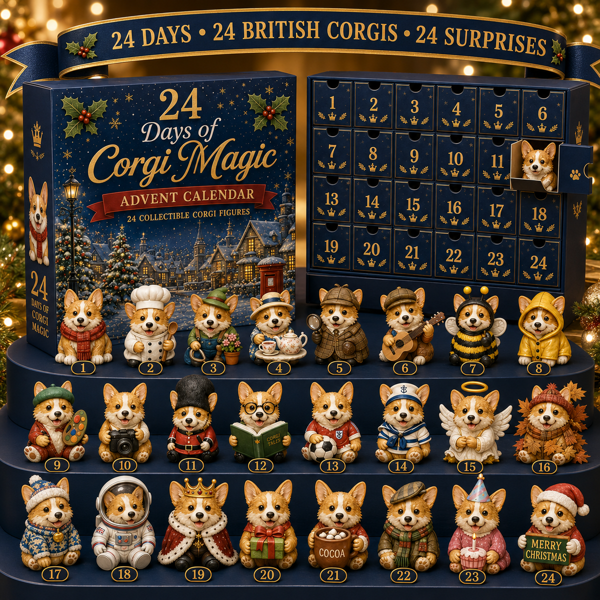 2026 British Corgis Blind Box - 24‑Day Festive Countdown, Corgi Figurines Blind Box - Gift For Corgi Lovers
