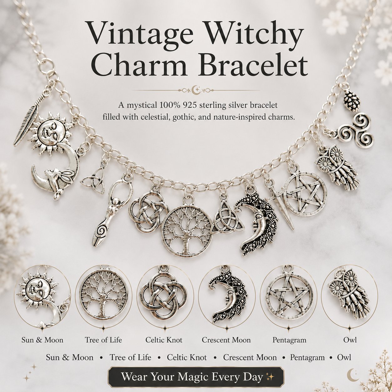 🔥Last Day 49% OFF - 🧙🖤Vintage Witchy Charm Bracelet - 100% 925 Sliver