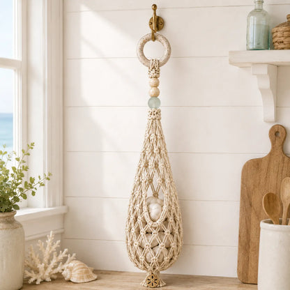 🌊 Coastal Hanging Produce Storage – Handwoven Breathable Organizer with Easy Side Access