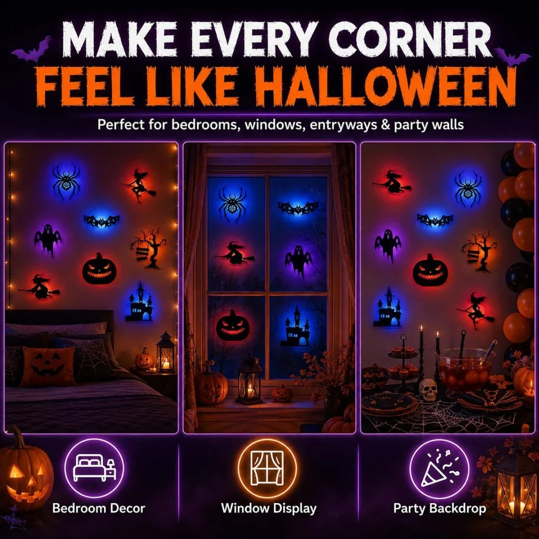 GlowInTheDark Halloween Silhouette Wall Lights | 3D Backlit Spooky Room & Window Decor (Set of 8)