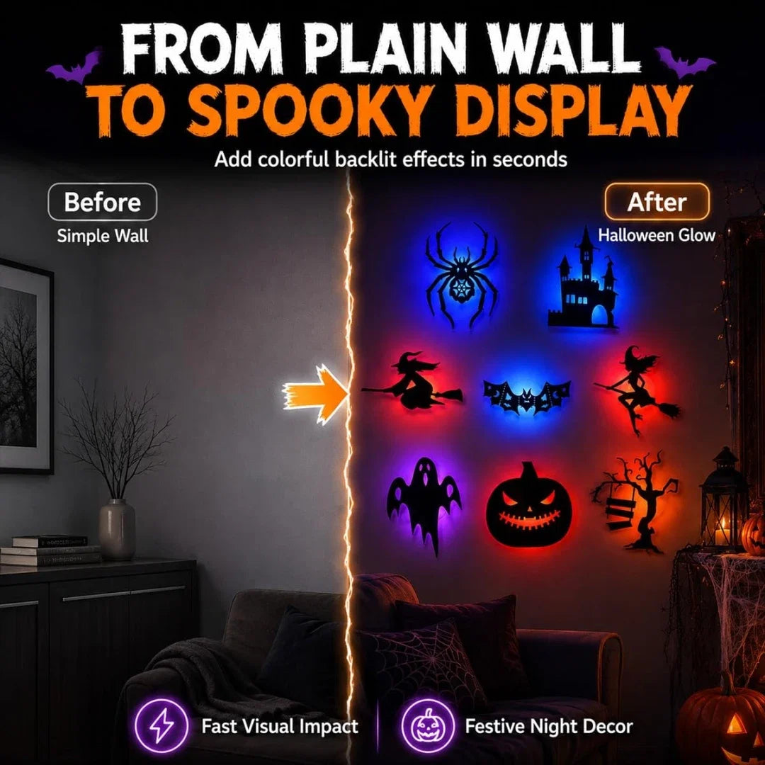 GlowInTheDark Halloween Silhouette Wall Lights | 3D Backlit Spooky Room & Window Decor (Set of 8)