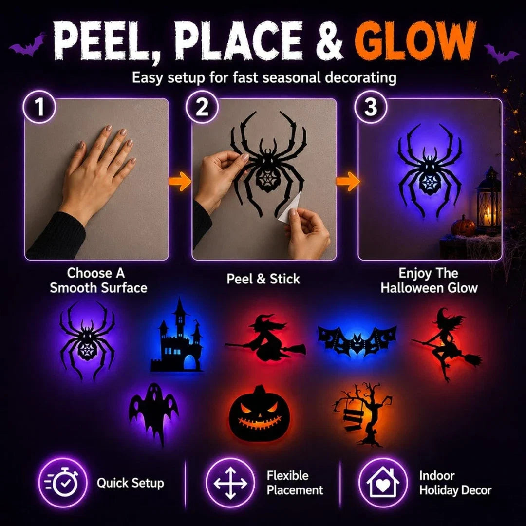 GlowInTheDark Halloween Silhouette Wall Lights | 3D Backlit Spooky Room & Window Decor (Set of 8)