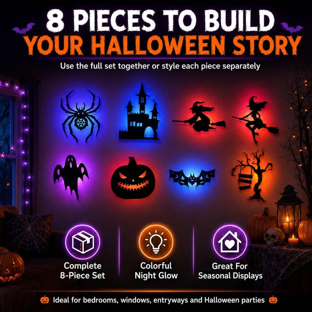 GlowInTheDark Halloween Silhouette Wall Lights | 3D Backlit Spooky Room & Window Decor (Set of 8)