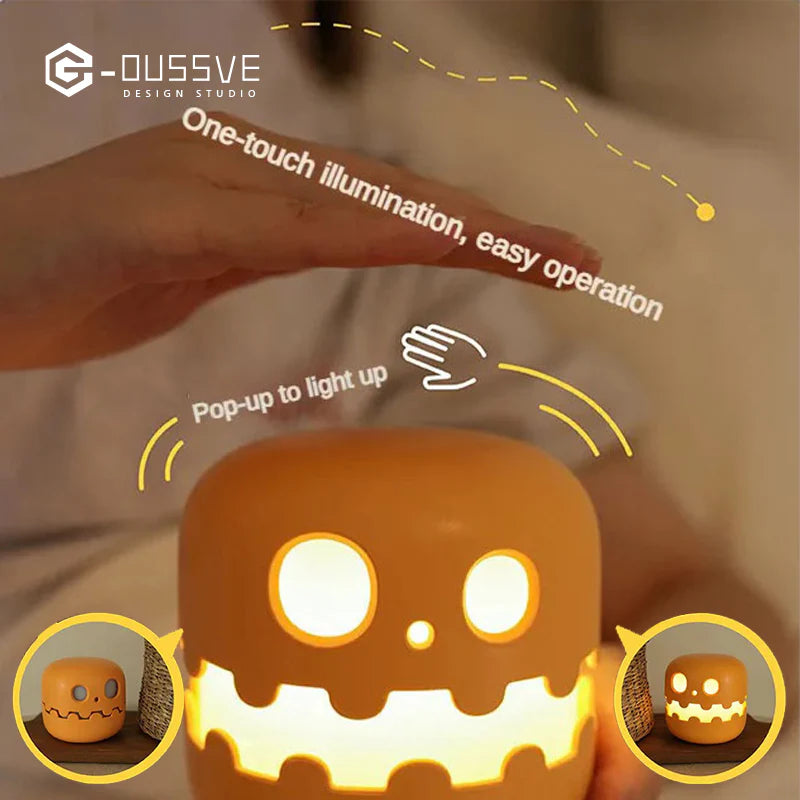 🎃 Pop-Up Pumpkin Night Light, USB Rechargeable Halloween Pat-Lamp with Stepless Dimming & Timer, Interactive Cute Bedside Soft Light for Kids & Party Decor
