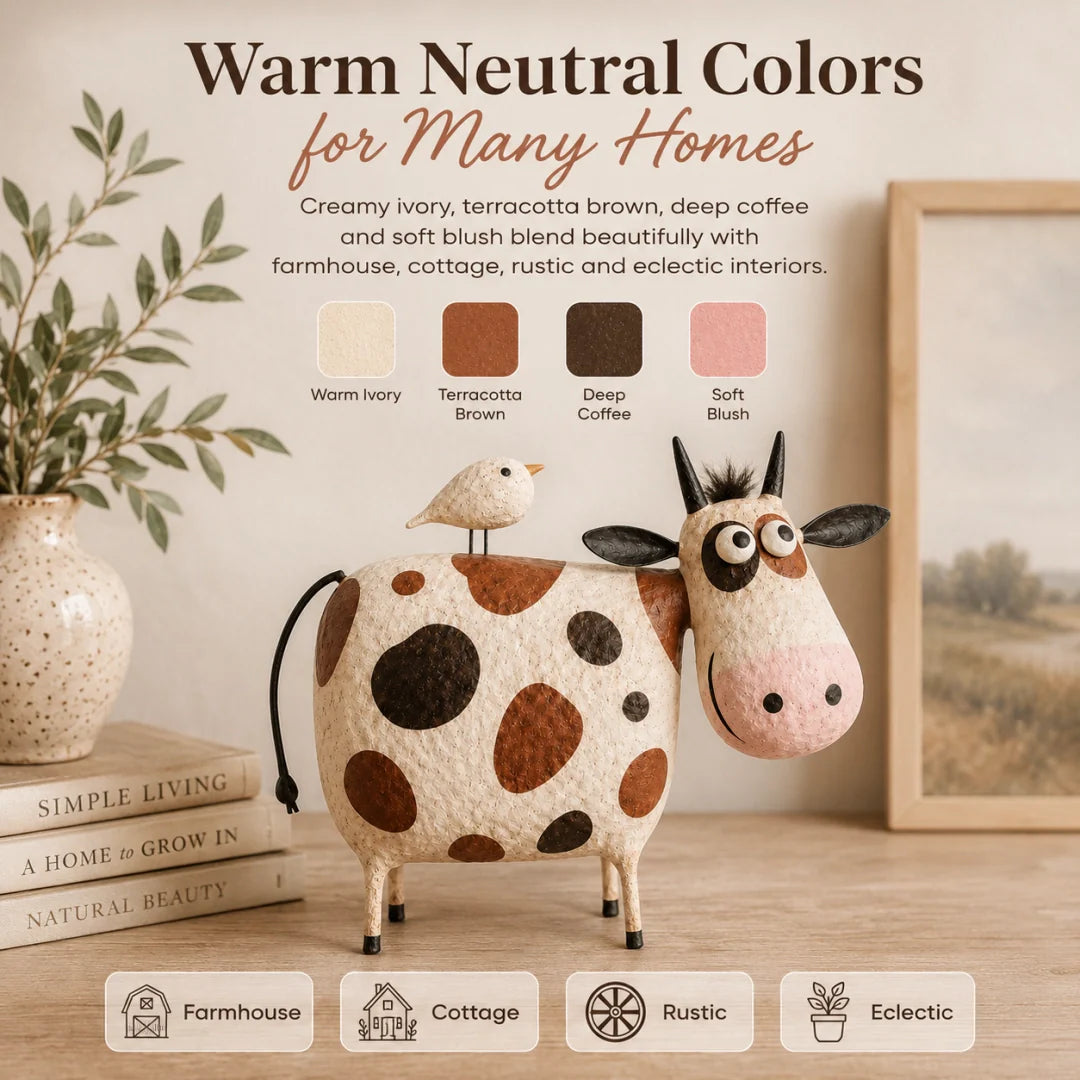 Whimsical Cow & Bird Folk Art Figurine – Rustic Farmhouse Tabletop Decor Gift