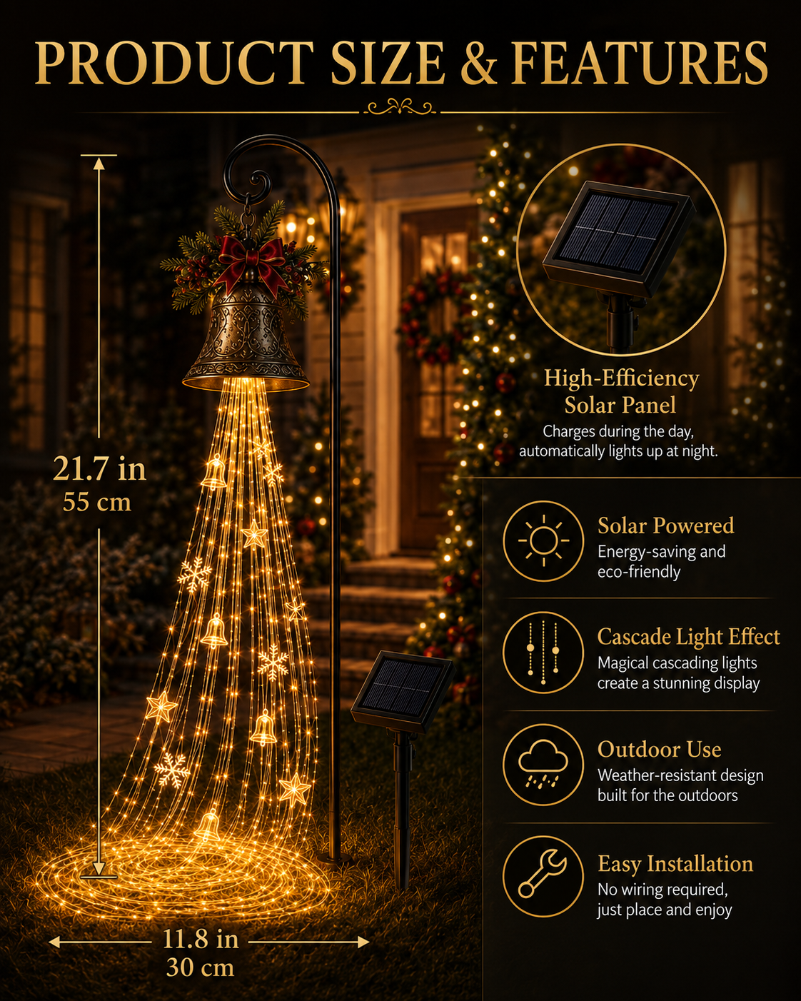 🔔 Solar Christmas Bell Cascade Yard Light with Warm LEDs ✨