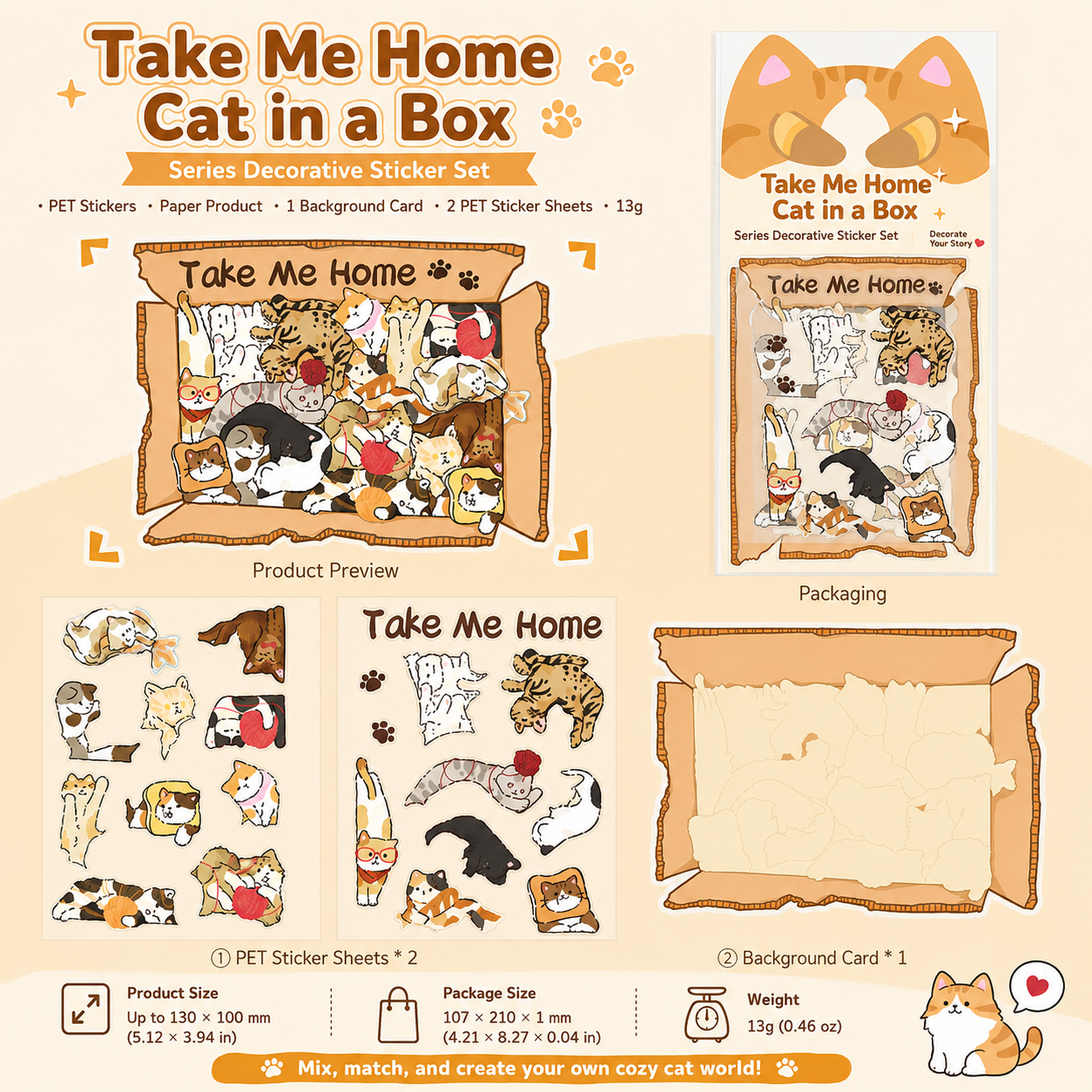 🐱 Cat Can Head Cute Cat PET Sticker Set, Kawaii Puzzle Decorative Stickers for Journal &amp; Scrapbook