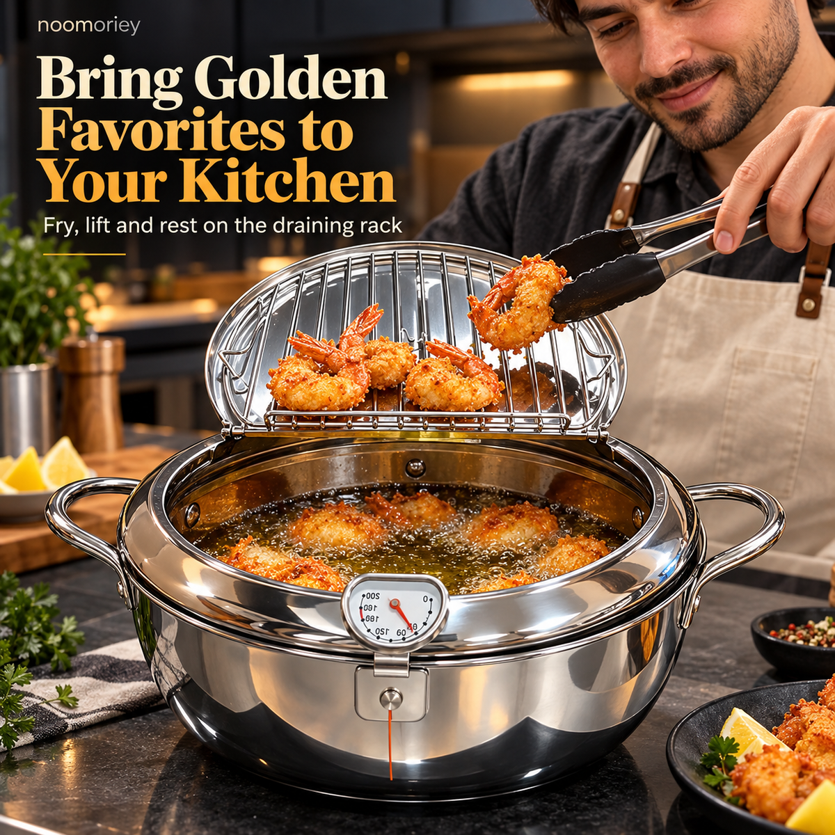 🍗 Deep Frying Pot with Thermometer & Lid Draining Rack – Dual-Handle Frying, Stir-Frying & Boiling Pot