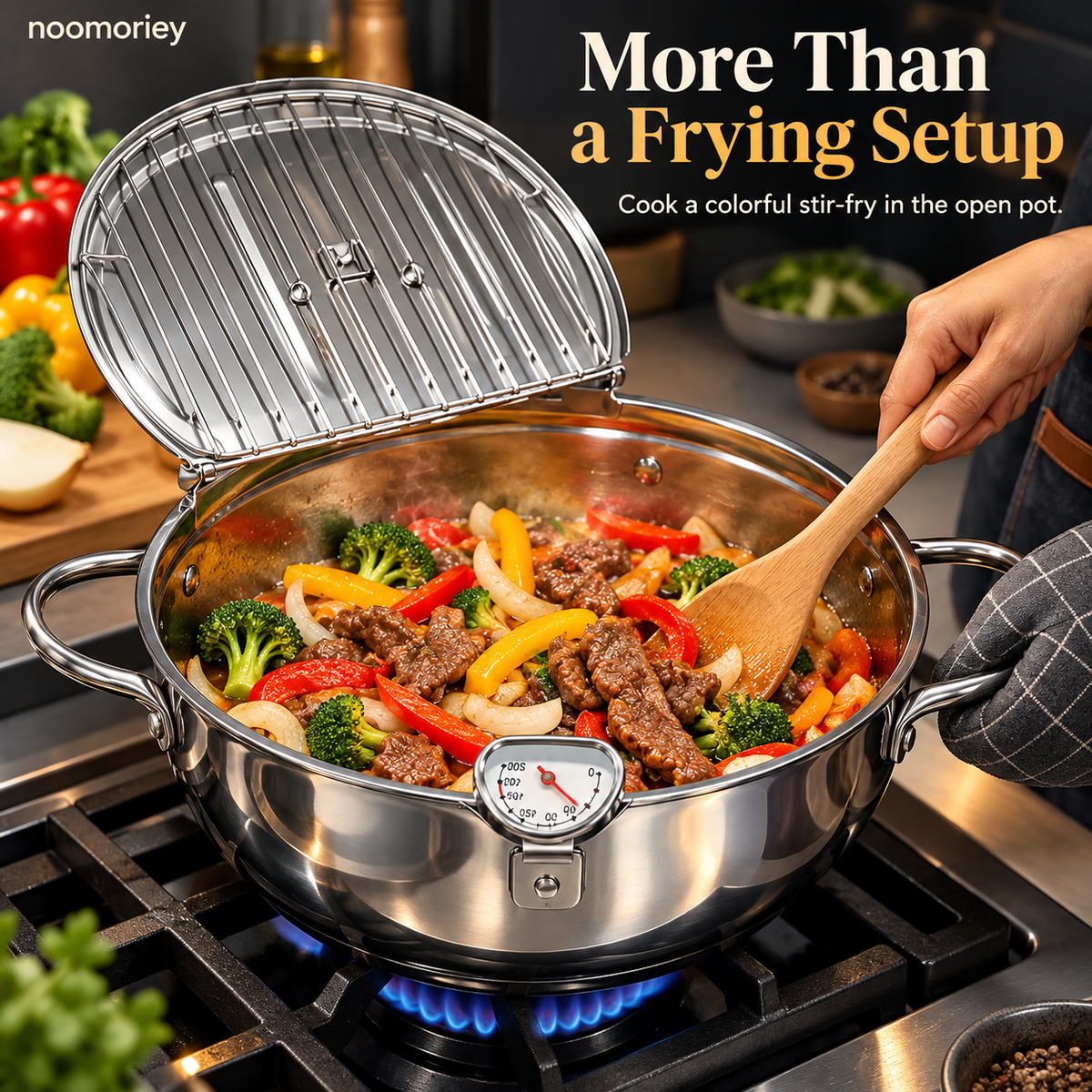 🍗 Deep Frying Pot with Thermometer & Lid Draining Rack – Dual-Handle Frying, Stir-Frying & Boiling Pot