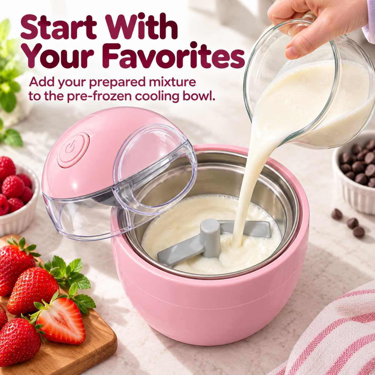 Pouring a prepared ice cream mixture into the chilled inner bowl