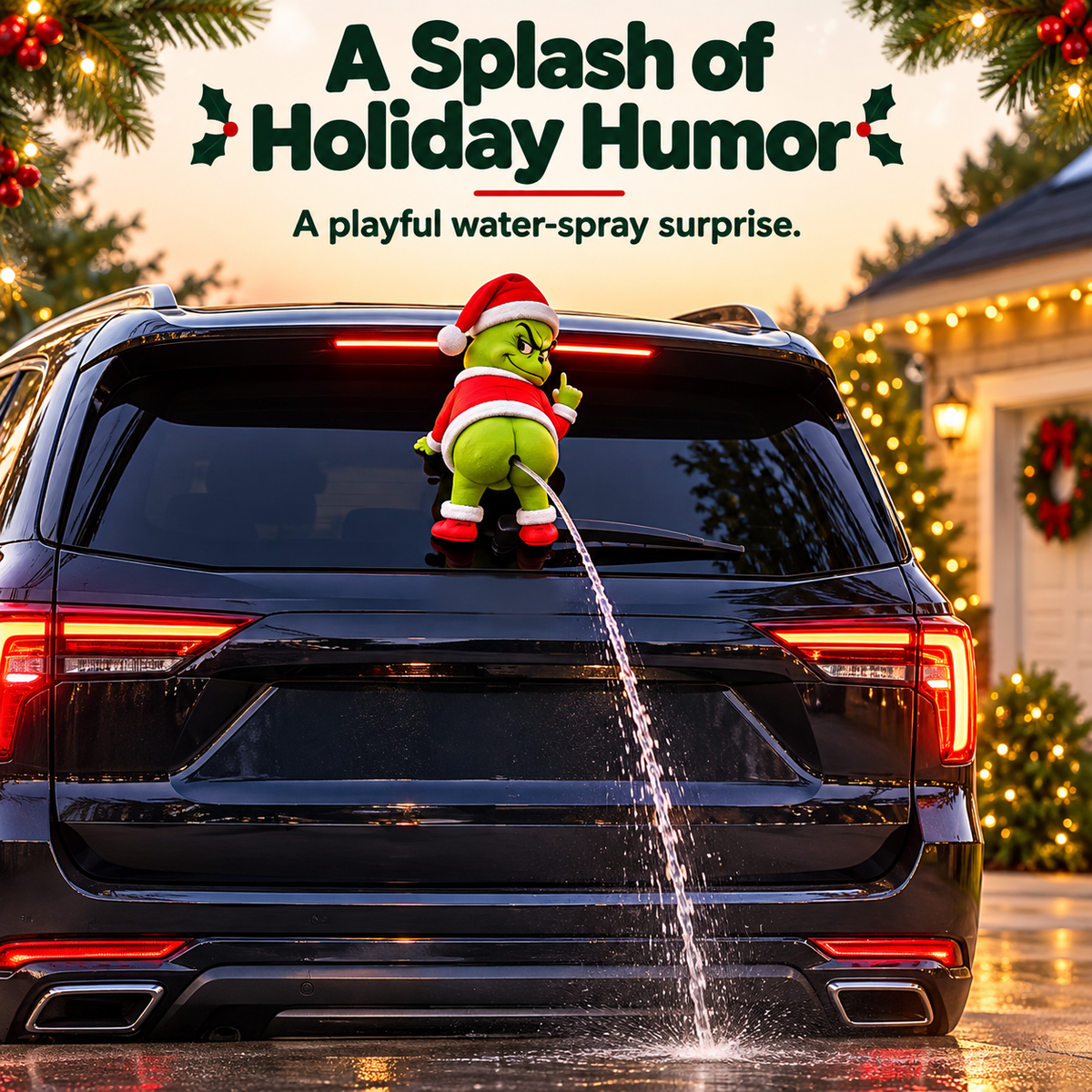 Christmas character rear-window decoration shown with a stream of water spraying downward