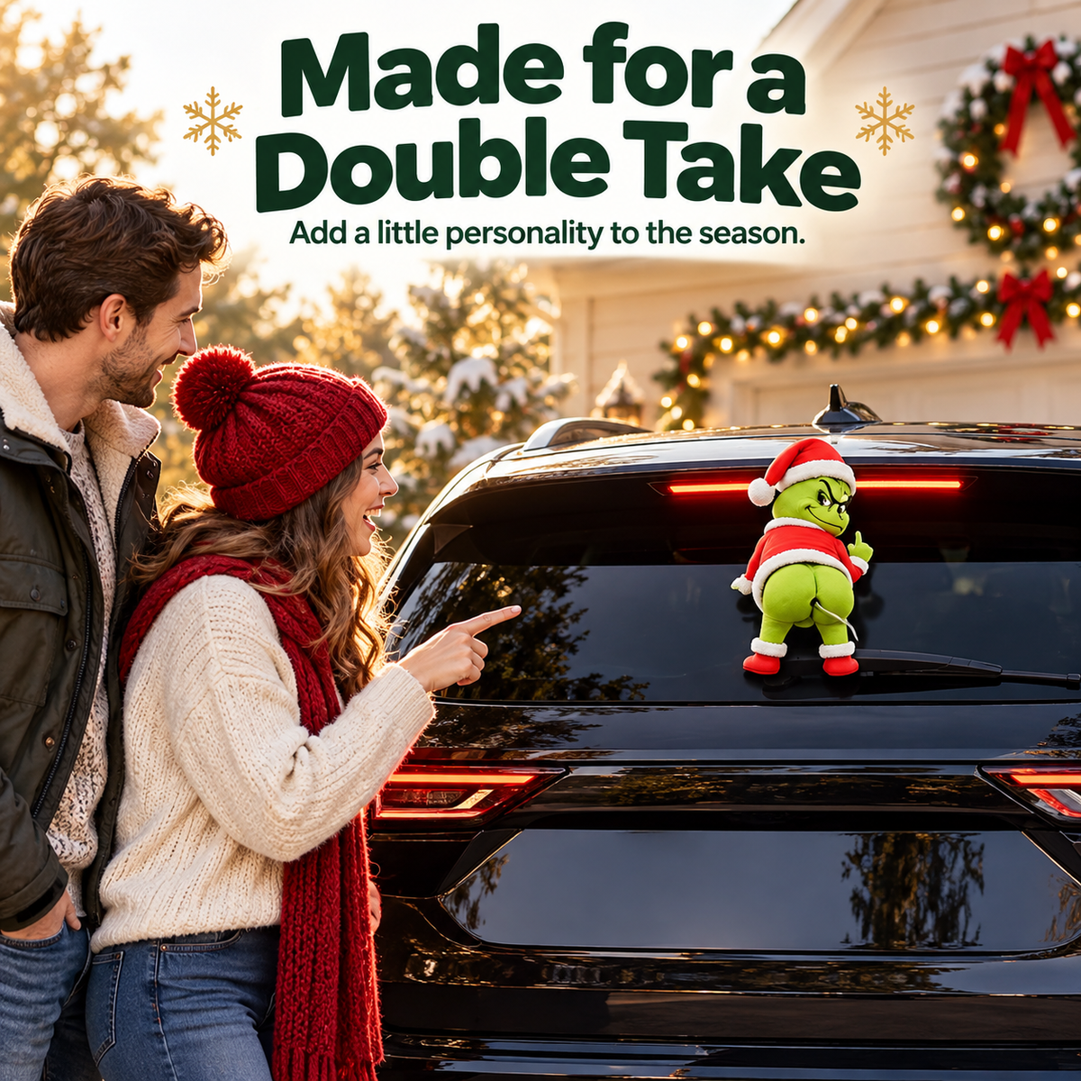 Family noticing the funny Christmas character decoration on a parked SUV