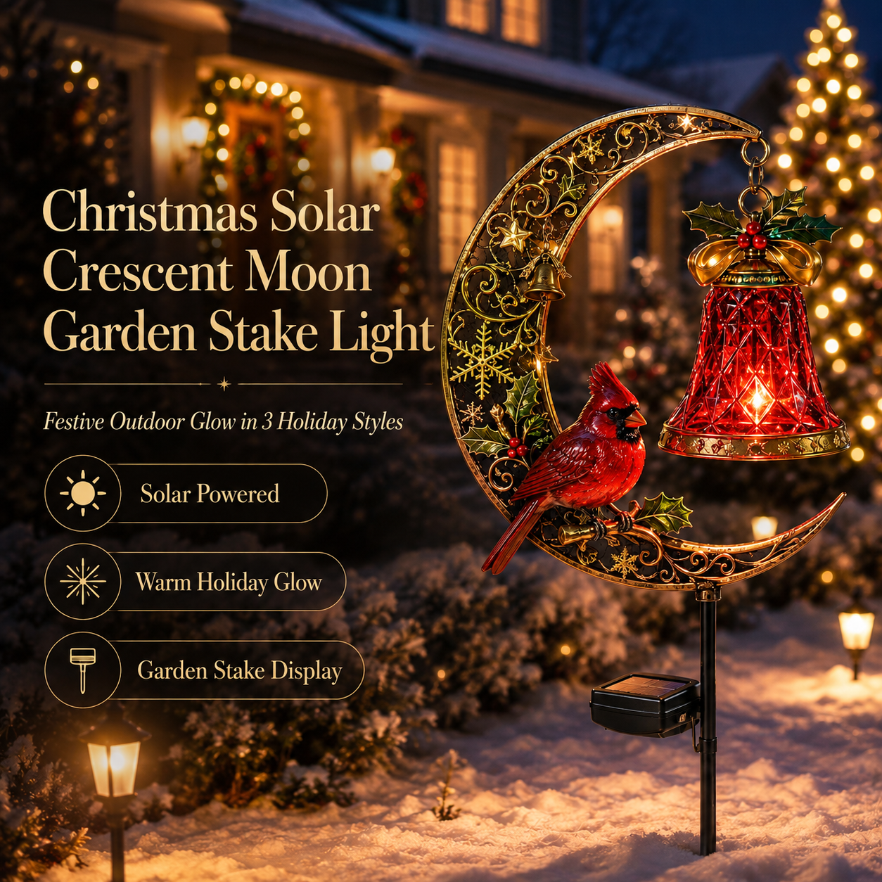 Christmas crescent moon garden stake glowing at night
