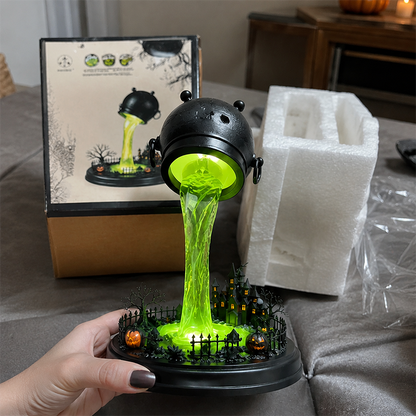 🧙‍♀️Spilling Green Witch Cauldron Desk Lamp | Floating Magic Potion Ambient Light with Miniature Gothic Castle & Glowing Pumpkins (10")