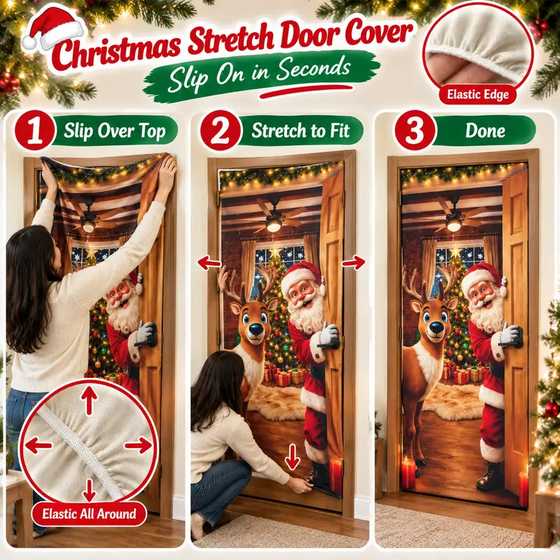 Christmas Door Cover - Santa & Reindeer Stretch Fabric Door Banner with 4-Side Elastic Edges