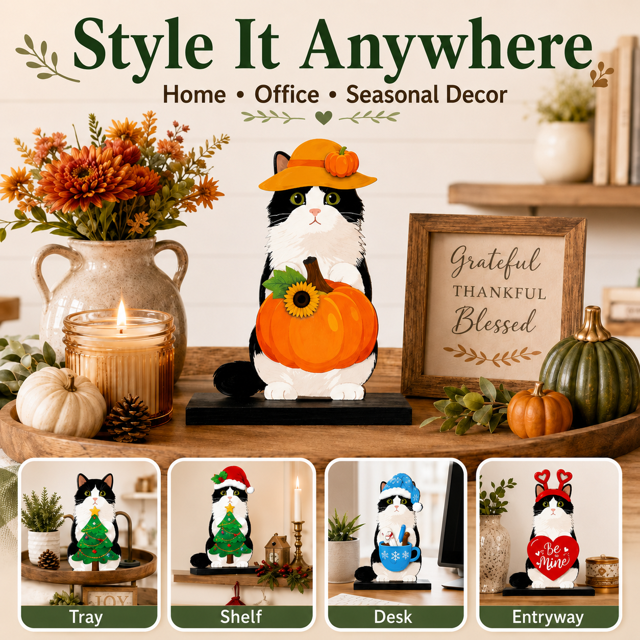 🐾 Interchangeable Wooden Cat Seasonal Desk Sign (27-Pcs Set)