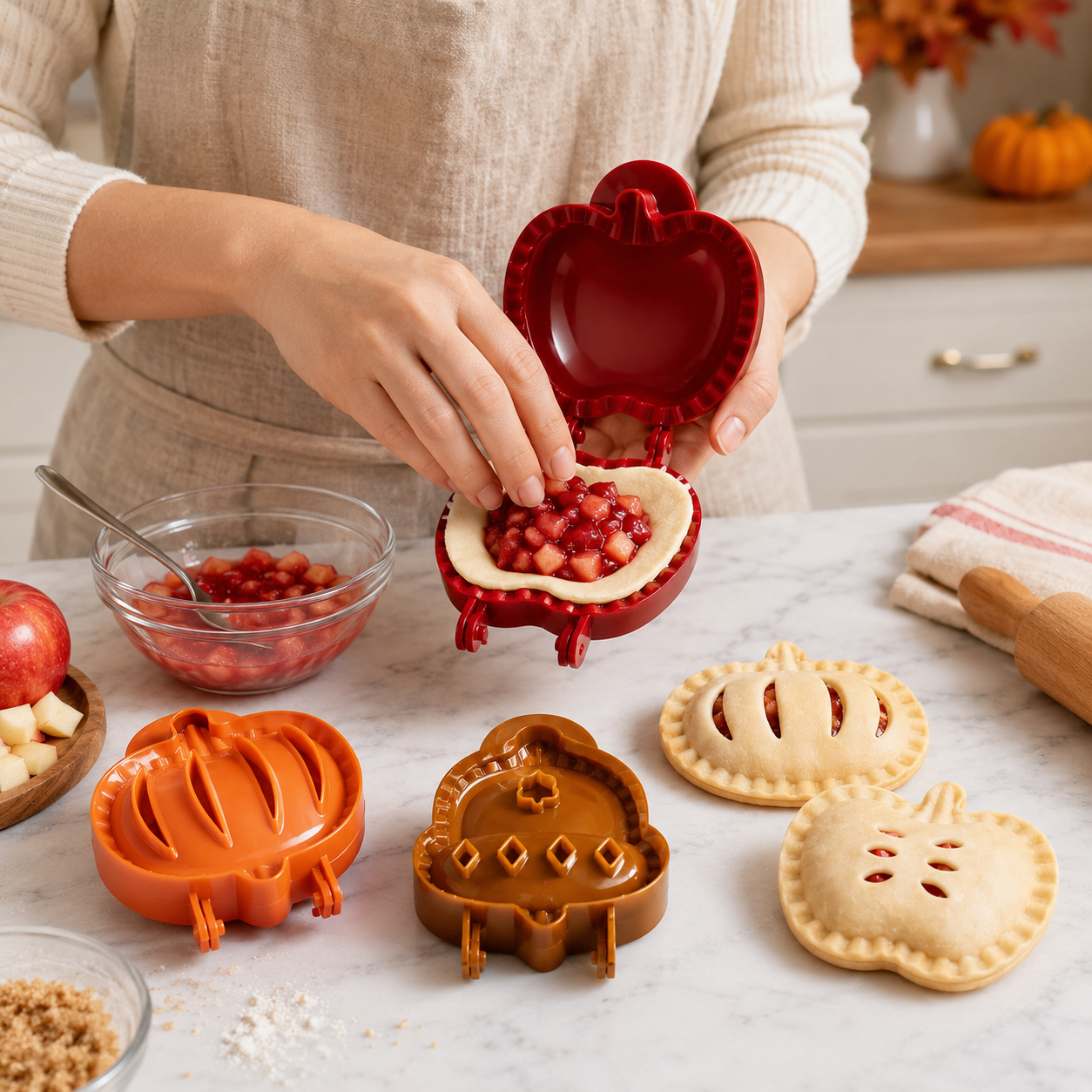 🍎 Fall Hand Pie Molds Set of 3 – Autumn Pumpkin, Apple & Acorn Dough Pressing Stamp Moulds for Thanksgiving & Christmas Baking ✨