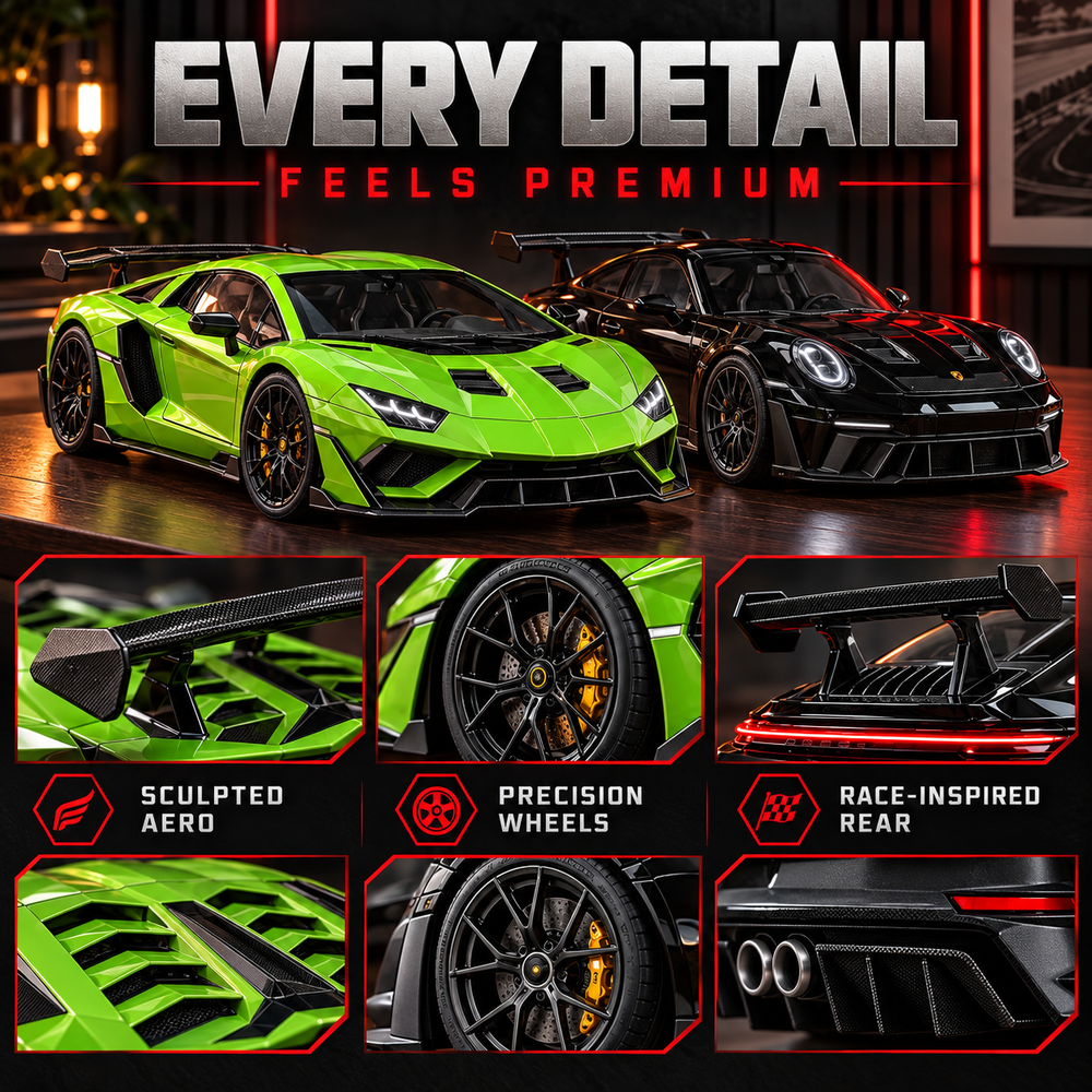 Sports car model design details including rear wing, wheels and rear mist