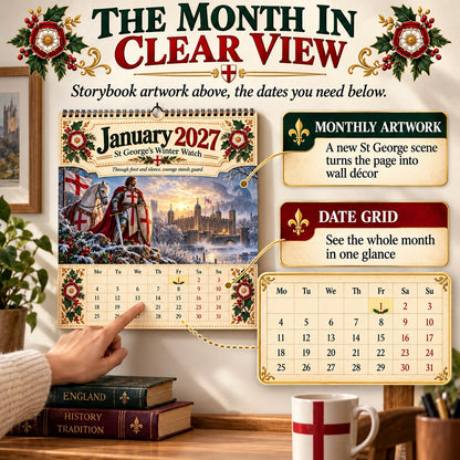 ⏳ Last Day 49% OFF – 🛡️ 2027 England St. George Wall Calendar | 12 Illustrated Monthly Scenes with Faith, Courage & Heritage 🇬🇧