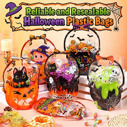 24/50 Pcs Halloween Goodie Bags Plastic Candy Bag Trick or Treat Bags with Cauldron Skeleton black Cat Skull Pumpkin Design,Treat Bags for Student Teacher Colleagues Neighbors,Classroom Snack Storage for Halloween Birthday Party Favor Supplies