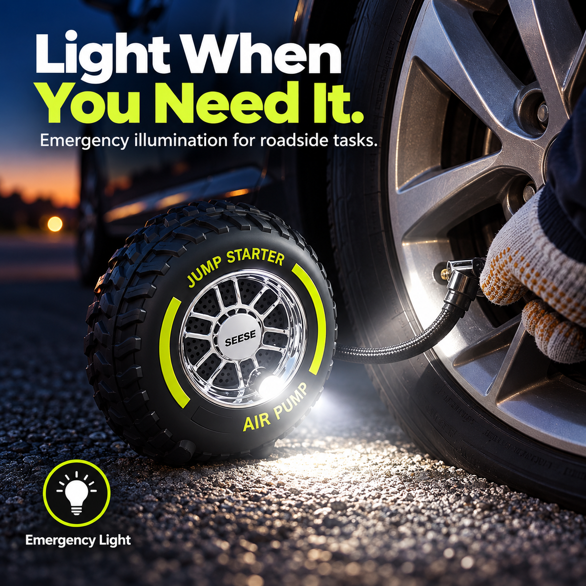 🚗 Car Jump Starter Tire Inflator, Portable Emergency Air Compressor with SOS Light & Power Bank