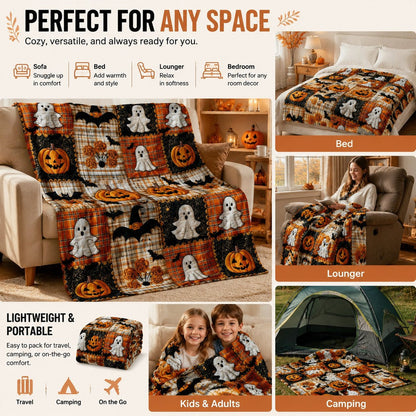 🎃 Halloween Pumpkin & Bat Flannel Blanket – Soft Cozy Throw for Sofa & Bed ✨🦇