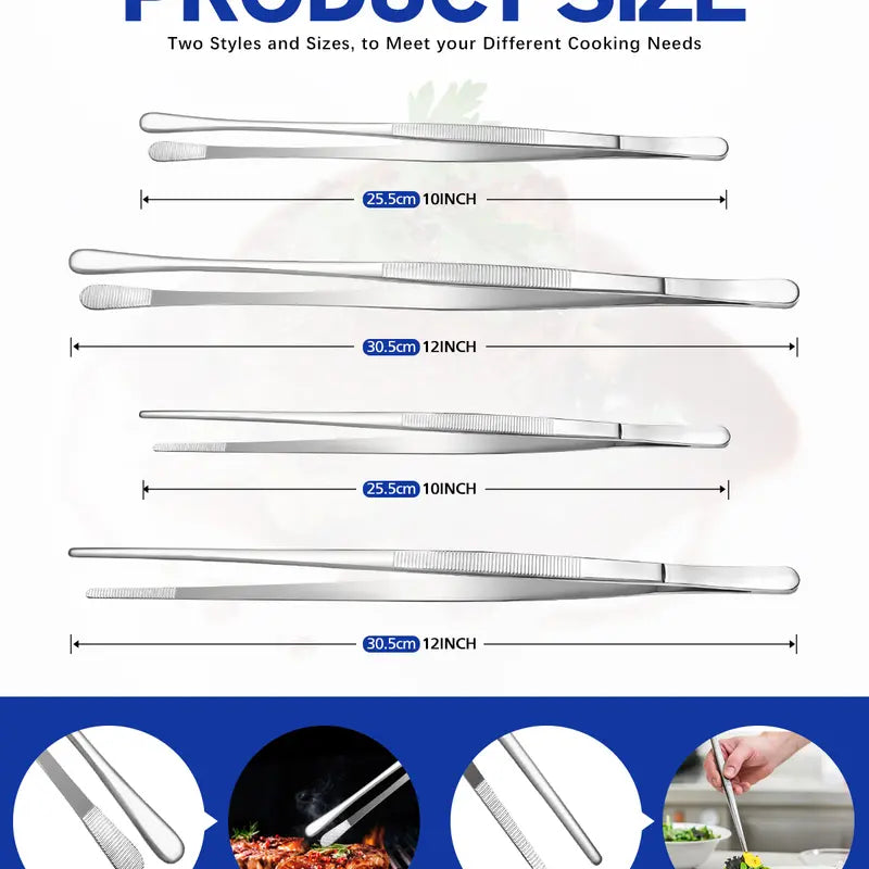 4-Piece Fine Teeth Long Stainless Steel Barbecue Tong Set