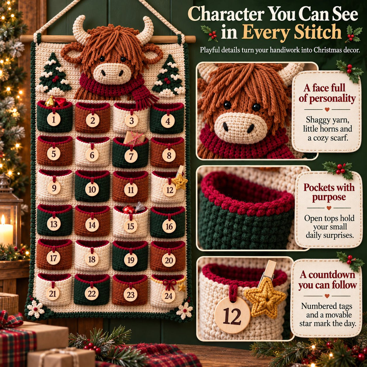 ⏳ Last Day 49% OFF – 🧶 DIY Crochet Advent Calendar Kit | 24 Refillable Pockets, 4 Christmas Characters & Complete Crochet Materials 🎄