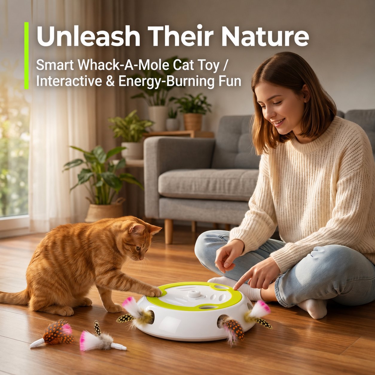 Whack A Mole Cat Mouse Toy for Cats - Interactive Cat Toys with Automatic Feather Mice & No Touch Sensor Required