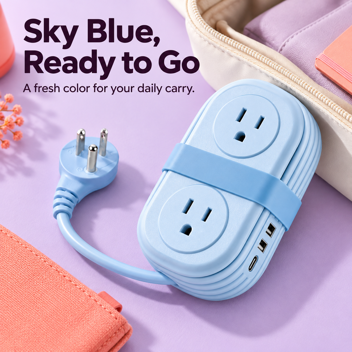 🔌 Retractable Travel Power Strip, Portable Wrapped Extension Cord with 2 AC Outlets, USB & USB-C Ports, Compact Desktop Charger for Trip Office