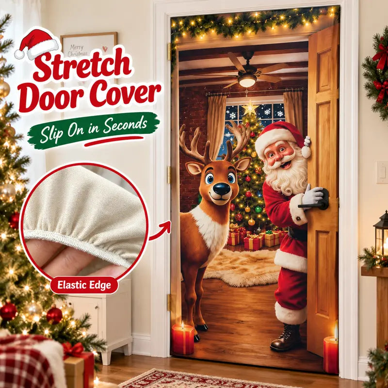 Christmas Door Cover - Santa & Reindeer Stretch Fabric Door Banner with 4-Side Elastic Edges