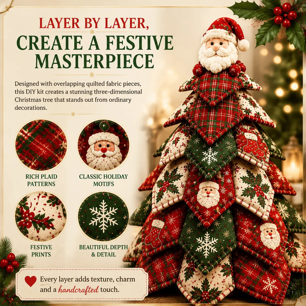 🎄🧵DIY Quilted Christmas Tree Kit – Handmade Fabric Holiday Tabletop Tree Decor