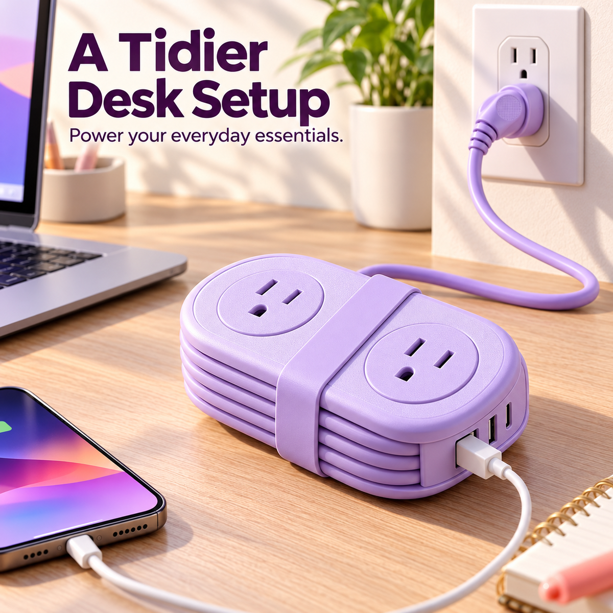 🔌 Retractable Travel Power Strip, Portable Wrapped Extension Cord with 2 AC Outlets, USB & USB-C Ports, Compact Desktop Charger for Trip Office