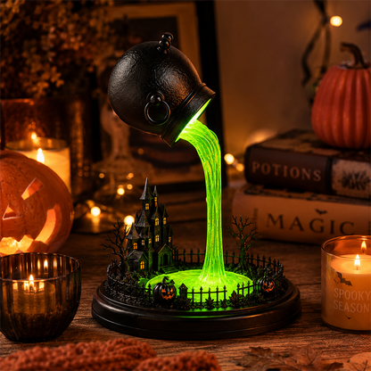 🧙‍♀️Spilling Green Witch Cauldron Desk Lamp | Floating Magic Potion Ambient Light with Miniature Gothic Castle & Glowing Pumpkins (10")