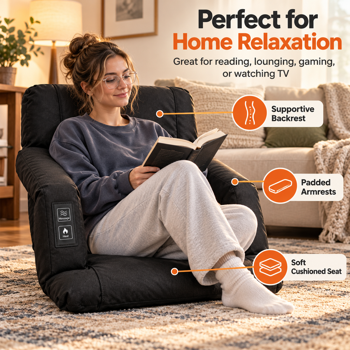 🔥 Heated Massage Floor Chair – Foldable Portable Lounge Seat with Padded Back & Armrests 🪑