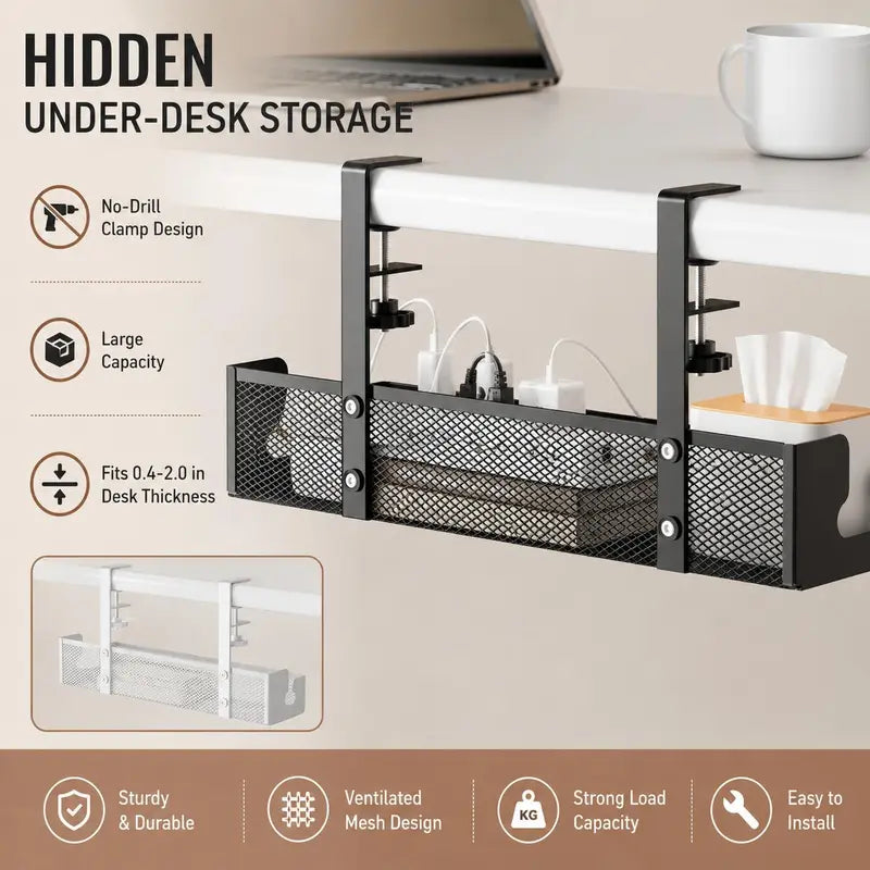 No-Drill Under Desk Cable Organizer – Hide Cables & Power Strips for a Cleaner Workspace