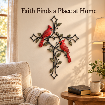 ❤️🐦 Love Stays Close – Cardinal Heart Cross Wall Decor