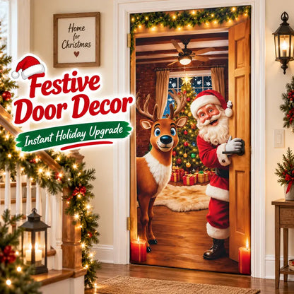 Christmas Door Cover - Santa & Reindeer Stretch Fabric Door Banner with 4-Side Elastic Edges